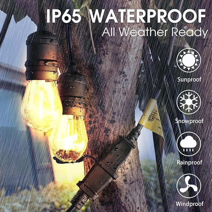 48ft LED Outdoor String Lights with 15+1(Spare) 1W Shatterproof Bulbs, Black Waterproof IP65 Connectable Outdoor Decorative Lights for Garden Patio Cafe Bistro Backyard Porch, UL Listed