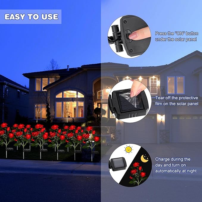 4 Pack Outdoor Solar Flower Lights Waterproof Garden Decorative Lights Outside Solar Powered Pathway Lights with 20 Realistic Rose Flowers for Yard Lawn Pathway Backyard Decor(Red)