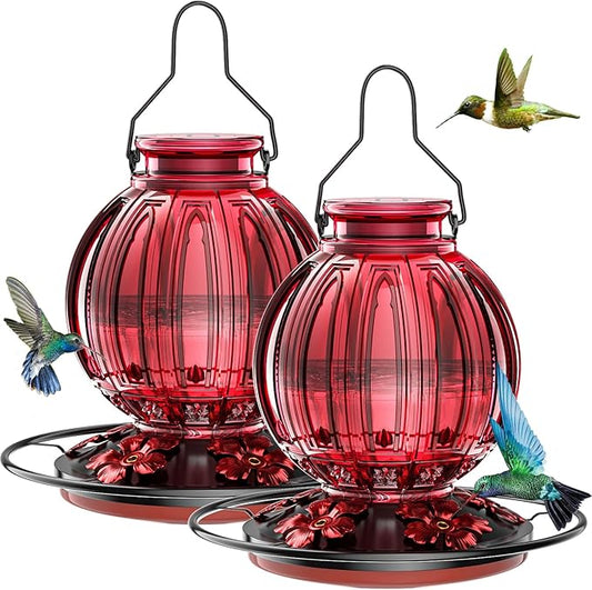 2 Pack Glass Hummingbird Feeder for Outdoors Hanging, Bird Nectar Feeder with Perch & 5 Flower Feeding Ports, 26 Oz Leak Proof for Outside Garden Decor Backyard, Gifts for Women Mom, Red