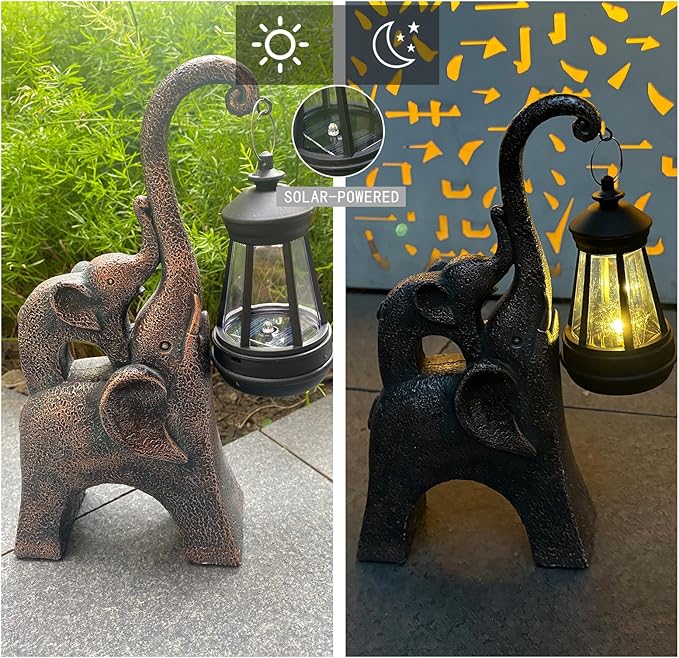 Elephant Statues Garden Decor with LED Solar Lights-Lucky Elephant Mother Gifts for Women, Men or Daughter, Unique Housewarming Gifts and Yard Decoration (Gold)