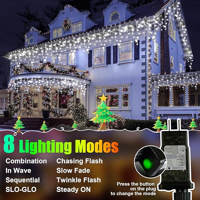 49FT 450LED F8 Upgraded Waterproof Christmas Lights with Memory & Timer - 8 Modes, Perfect for Outdoor, Roof, Home & Wedding Decorations