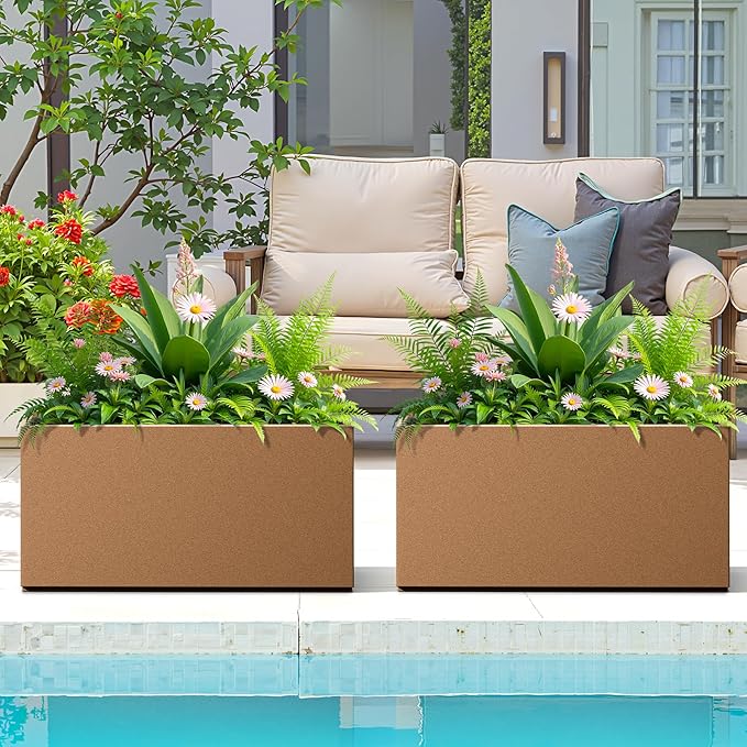 FENCY Metal Rectangular Planter Box, Large Planters for Outdoor Plants, Tall Planters for Outdoor Plants with Drainage Holes (32" L x 10" W x 16.3" H,Brown)