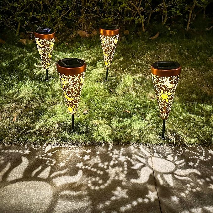 DIBIEECN 6 Pack Sun and Moon Solar Pathway Lights Outdoor,Metal Garden Decorations Outdoor Lights with Patterns and Warm Light,Waterproof Landscape Lighting for Path Patio Backyard Walkway Yard