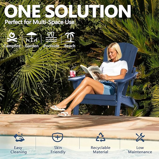 Folding Adirondack Chair Set of 2 with Cup Holder, HDPE All Weather Resistant Plastic Outdoor Patio Chairs, Heavy Duty Fire Pit Seating for Backyard Lawn Garden, Wooden Textured Design(Navy Blue)