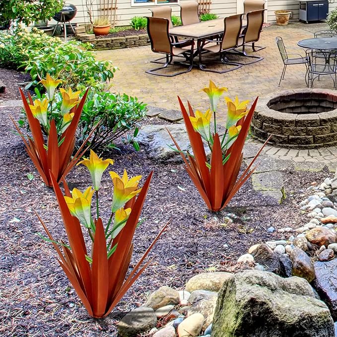 Homight Metal Agave Plant Outdoor Decoration Outdoor Garden Decoration Lily Mexican Yard Art Plant Garden Agave Lily Decorative Garden Gift… (3 Big Yellow Lilies)