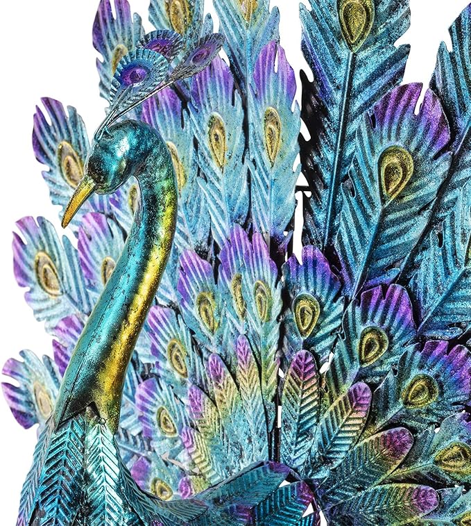 Alpine Corporation - 23" Tall Outdoor Metallic Peacock Tail Spread Yard Statue – Vibrant Garden Sculpture for Patio, Lawn, or Entryway (Multicolor)