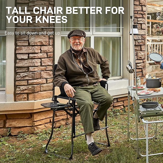 EVER ADVANCED Portable 30.7" Seat Height Tall Folding Camping Chair Directors Chair High Foldable Bar Stool with Side Table for Makeup Artist, Sports Event, Craft Show, Supports 350LBS Black Grey