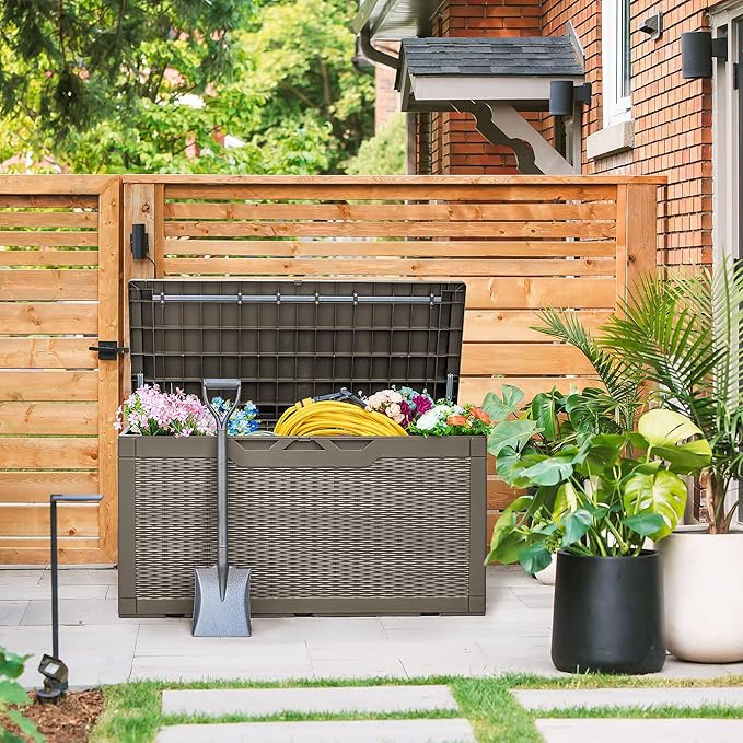 Devoko 100 Gallon Deck Box, Waterproof Resin Outdoor Storage Box with Cushion for Outside, Large Outdoor Storage Bench Cabinet Lockable for Patio Furniture and Garden Tools (Brown)