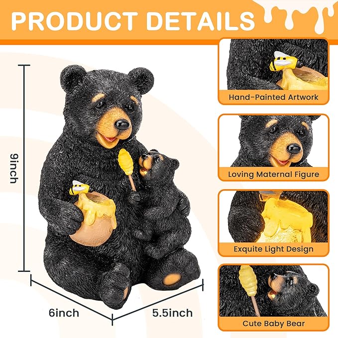 GIGALUMI Solar Garden Statues Loving Bear Figurine Lights for Outside, Yard Decorations Outdoor, Garden Decor Unique Birthday Housewarming Gifts for Mom, Women, Black