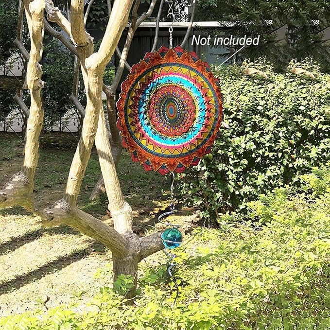 FONMY Gazing Ball Spiral Tail -Decorative Wind Spinner 11" inch Tail and 2" inch Glass Orb. Indoor Outdoor Garden Decoration Silver Blue -13 inch Height