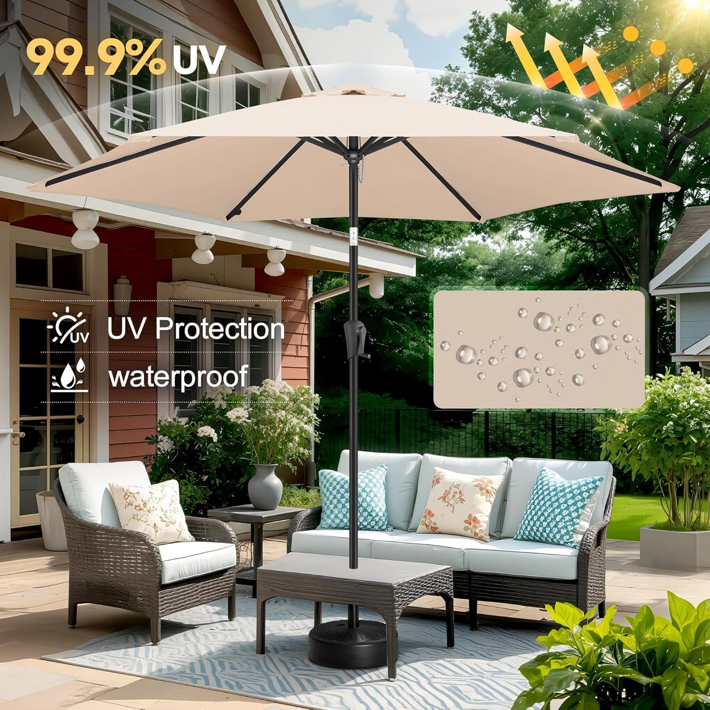 FLAME&SHADE 10ft Patio Umbrella - Outdoor Umbrella with 6 Sturdy Ribs, Push Button Tilt and Crank, UV Protection Table Market Umbrella for Pool, Porch，Garden, Deck, Backyard (Beige)
