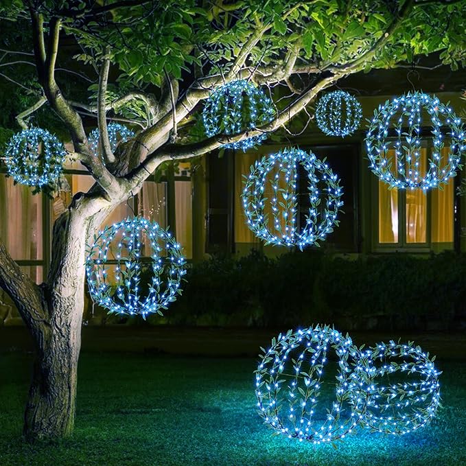 Flacchi Solar Powered Hanging Iron Sphere Lights with Artificial Greenery – 12Inch 120 LED Waterproof Outdoor Decor Ball Light with Timer & 8 Modes – 2 Pack for Garden, Christmas, Weddings(Blue)