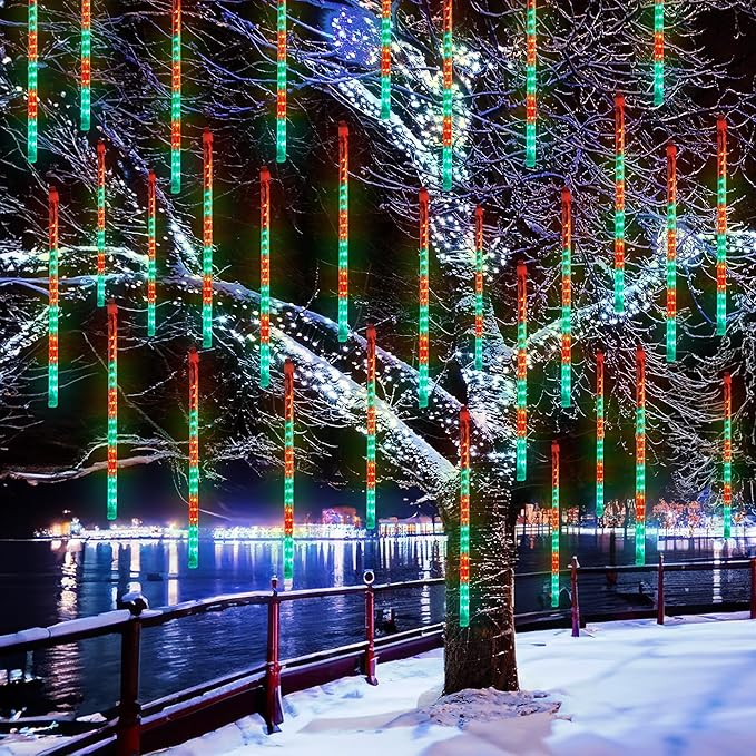 Dazzle Bright Red and Green Christmas Lights, 288 LED 11.8 Inch Meteor Shower Rain Lights with 8 Tubes, Waterproof Plug in Falling Rain Lights Christmas Decorations for Xmas Bushes Tree Yard Party