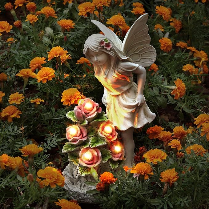 Garden Figurines Angel Garden Statue Outdoor Decor, Solar Powered Resin Sculpture with 5 LEDs Art Decoration for Patio Lawn Yard Porch, Ornament Housewarming Garden Gift, 12.8 x 7.5 x 6.1 Inch