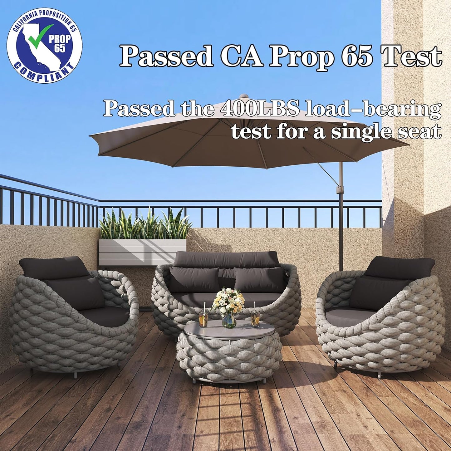 5 Pieces Patio Furniture Set Outdoor Rope Conversation Sectional Patio Sofa with 5 Seater for Backyard, Porch, Modern Armchairs with Thickness Cushions and Side Table