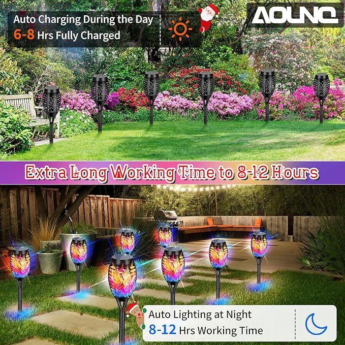 8 Pack Solar Torch Lights Outdoor Waterproof - Multicolor Flickering Flame, Outdoor Solar Garden Lights for Yard, Tiki Torches for Outside Patio Pathway Decorations