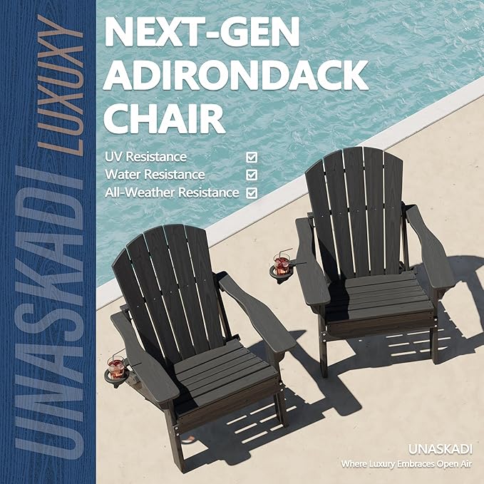 Folding Adirondack Chair Set of 4 with Cup Holder, HDPE All Weather Resistant Plastic Outdoor Patio Chairs, Heavy Duty Fire Pit Seating for Backyard Lawn Garden, Wooden Textured Design(Gray)