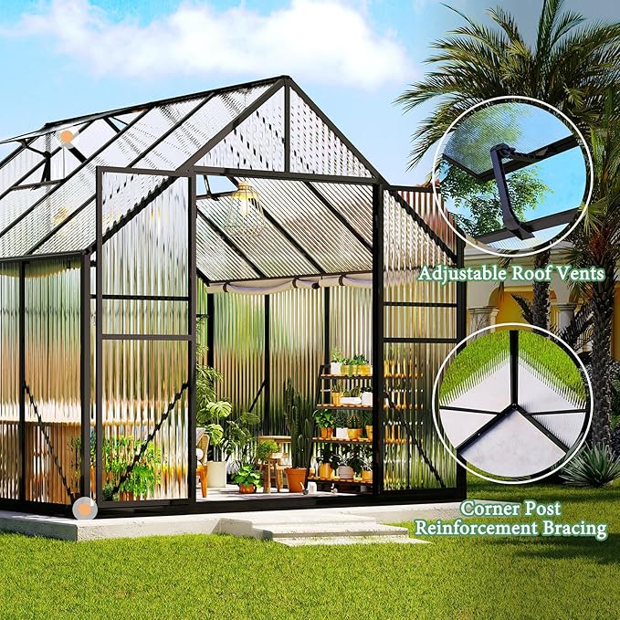 Amerlife 8x8x7 FT Ft Polycarbonate Greenhouse for Outdoors, Walk-in Design with Aluminum Frame, 2 Windows and Swing Door, Heavy-Duty Greenhouse Construction for Garden, Black