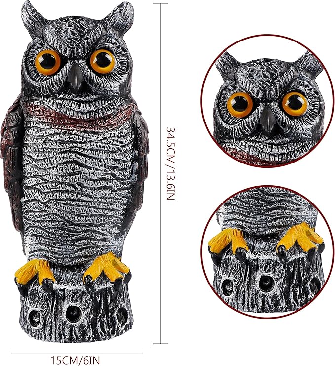 Hausse Fake Owl Decoy Bird Scarecrow Sculpture, 13.6 Inch Plastic Horned Owl Bird Deterrents, Garden Protectors, Nature Enemy Pest Repellent for Outdoor Garden Yard