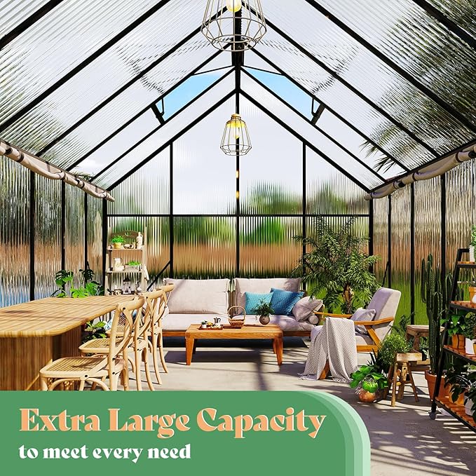Amerlife 8x8x7 FT Ft Polycarbonate Greenhouse for Outdoors, Walk-in Design with Aluminum Frame, 2 Windows and Swing Door, Heavy-Duty Greenhouse Construction for Garden, Black
