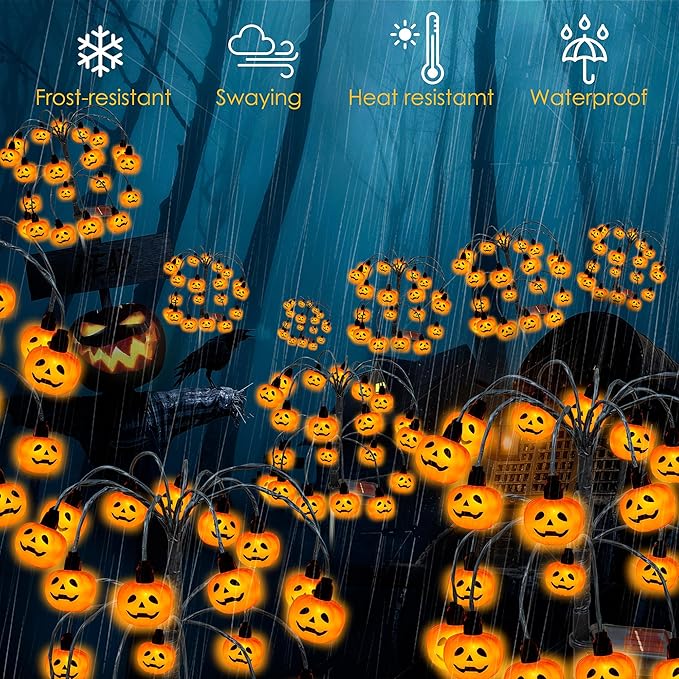 Halloween Decorations, 2 Pack 40LED Solar Halloween Pumpkin Lights Outdoor Waterproof Halloween Solar Garden Lights Swaying Firefly Lights for Yard Garden Patio Party Decor Orange