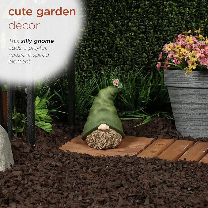 Alpine Corporation QWR1440 Gnome Head with Sculpted Rope Beard and Flower on Hat, Playful Décor for Garden & Patio, 10" H, Green