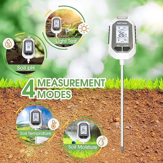 4-in-1 Soil Moisture Meter Digital Plant Temperature/Soil Moisture/PH Meter/Sunlight Intensity Backlight LCD Display Soil Test Meter for Gardening, Farming and Outdoor Plants