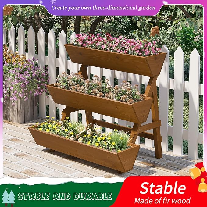 3-Tiers Wooden Raised Garden Bed,Wood Planter Box for Vegetable,Flower Rack,Flower Pot Stands,Indoor Outdoor Gardening Planting Beds (Brown, Large)