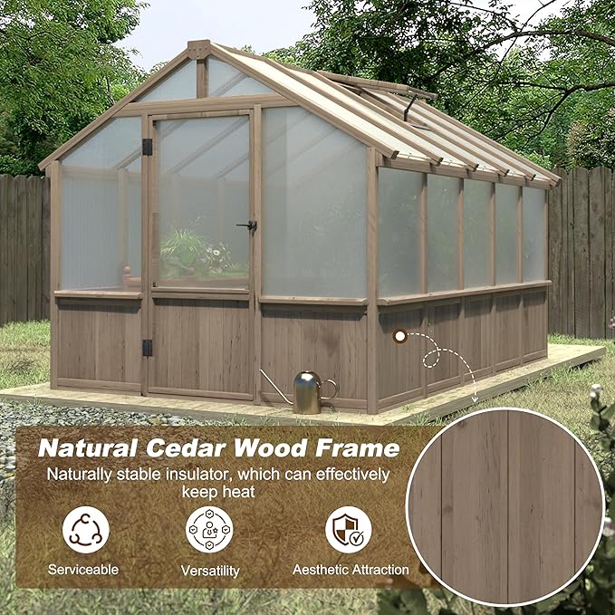 8x10 FT Greenhouse Kit with 6MM Thick Polycarbonate Panel for Outdoor, Wooden Walk-in Green House with Adjustable Roof Vent and Lockable Door, Backyard, Garden, Light Mocha Brown
