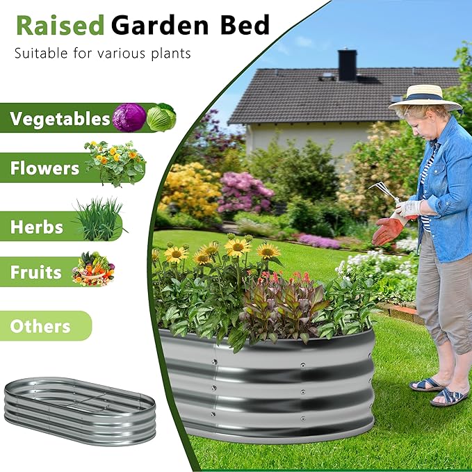 12x2x1ft(2 Pack) Oval Galvanized Raised Garden Bed,Outdoor Planter Box Metal Patio Kit Planting Bed for Vegetables Flowers and Succulents