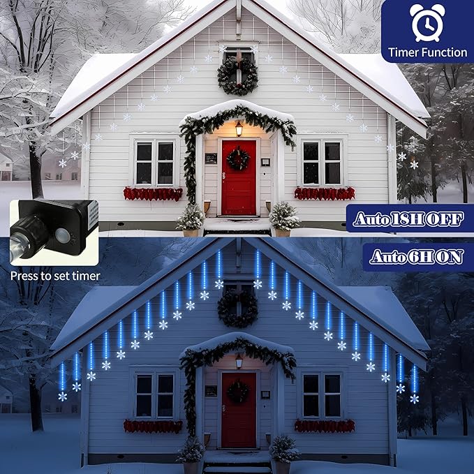 Enhon 2 Pack Meteor Shower Snowflake Lights Outdoor with Timer, Total 480 LED 12in 16 Tube Connectable Waterproof Meteor Rain Drop Christmas Light with Snowflake for Xmas Tree Roof Garden(Blue)