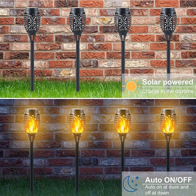 12LED Mini Solar Tiki Torches with Flickering Flame - Waterproof Outdoor Torch Lights with Auto On/Off, Super Bright Landscape Lighting for Yard, Garden, Patio & Pathway Decor (Set of 16)
