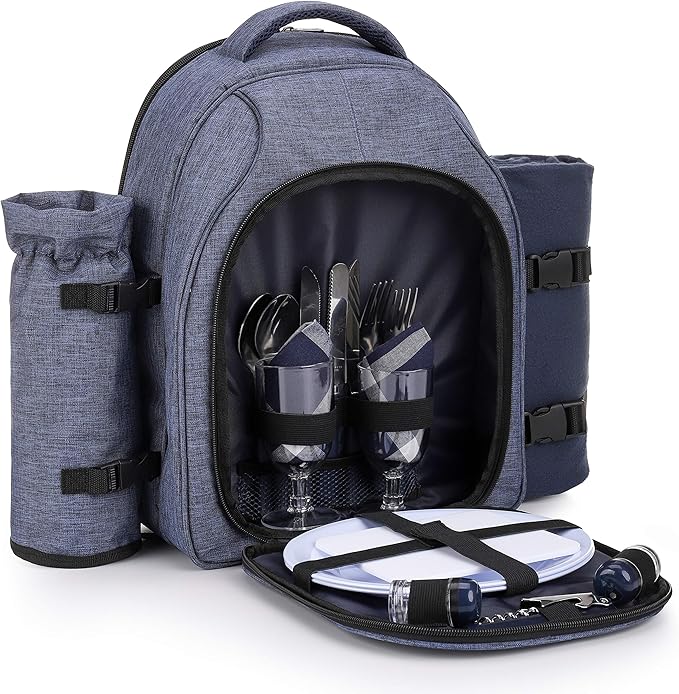 Apollo Walker Picnic Backpack Bag for 2 Person with Cooler Compartment, Detachable Bottle/Wine Holder, Fleece Blanket, Plates and Cutlery Set (2 Person, Navy)