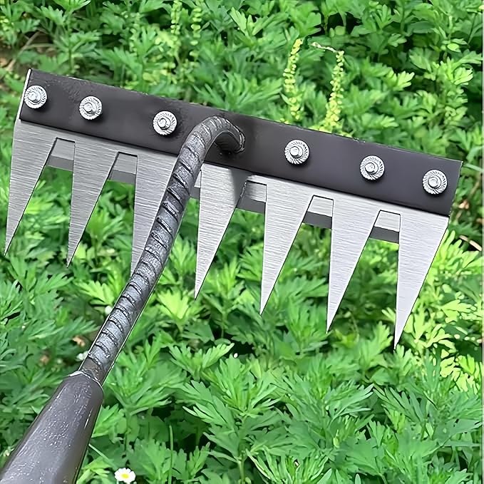 Gardenia Iron Weeding Rake, Iron Rake 2.0 for Gardening and Weeding, Detachable Double-Edged Blade Design Carbon Steel Heavy-Duty Weed Rakes,Hand Weed Puller Tools for Lawn Yard Garden Farm (5 teeths)