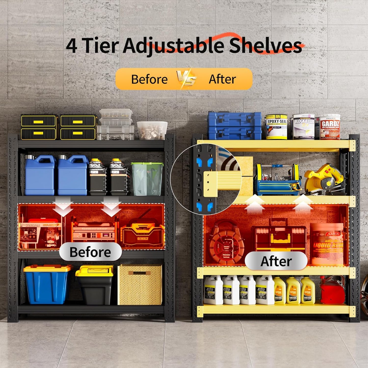 Garage Shelving Unit, 4 Tier Heavy Duty Racks, Easy Assembly, Metal Racks with Adjustable Shelves, 3000 LBS Load Capacity,for Warehouse,Basement (Black&Yellow, 19.7" D x 59.1" W x 78.7" H)