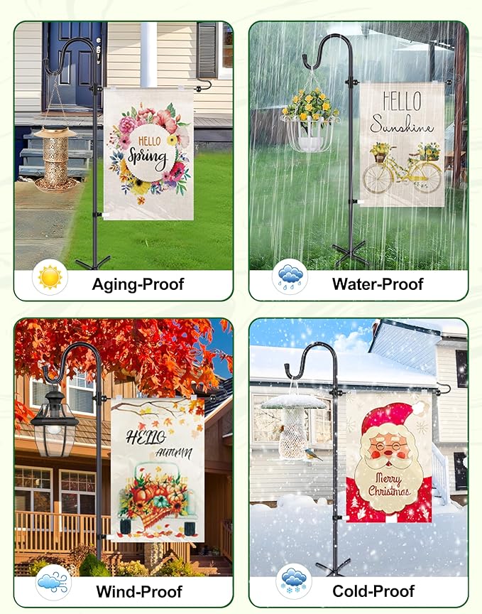 Garden Flag Holder Stand with Shepherd Hook for 14'' x 20'' Flags Upgraded Flagole with 2 Spring Stoppers and 1 Clip, Yard Garden Flag Holder for Flags Weather-Proof (Without Solar Lights & Flag)