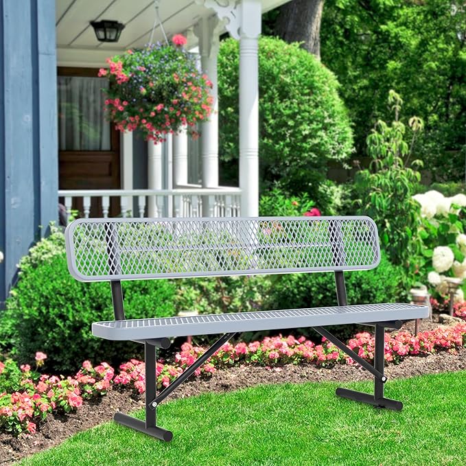 Heavy Duty Park Bench with Back Portable Frame, Outdoor Steel Bench with Backrest, Outdoor Park Bench Expanded Metal Mesh Bench for Lawn, Park, Deck, Garden, Patio, Porch, Black (Gray, 6FT)