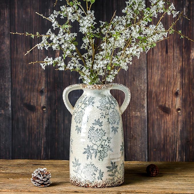Enra Tall Vintage Blue and White Ceramic Vase with Handle, 11.2 Inch Chinoiserie Decorative Floral Vase, Large Rustic Ceramic Vase for Living Room, Office, Bookshelf, Home Decor