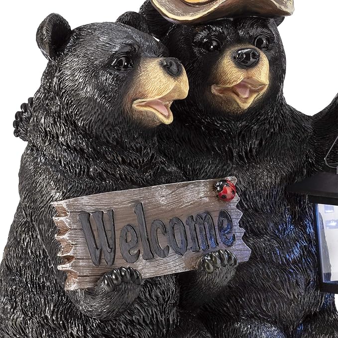 Alpine Corporation 15" Tall Outdoor Bear Couple with Lantern and Welcome Sign Statue with Solar LED Light Yard Art Decoration