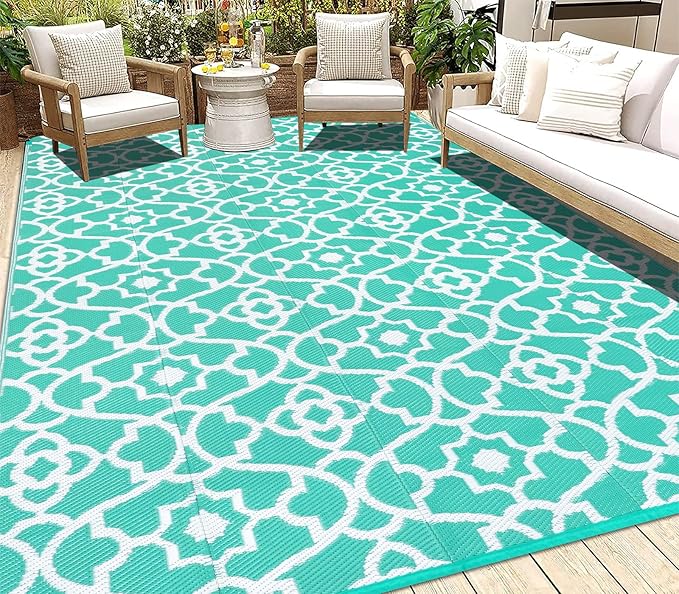 HEBE Outdoor Rug Waterproof 8x10, Reversible Plastic Straw Rug RV Camping Rug, Indoor Outdoor Patio Mat Clearance, Outside Carpet for Porch,Deck,Camper,Balcony,Backyard,Picnic