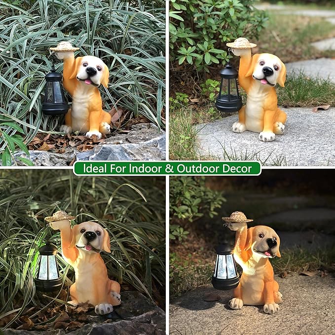 Garden Dog Statues - Adorable Resin Dog Figurines with Straw Hat and Solar LED Lantern, Puppy Decorations Outdoor Solar Light for Yard Patio Lawn Porch, Ornament Gift