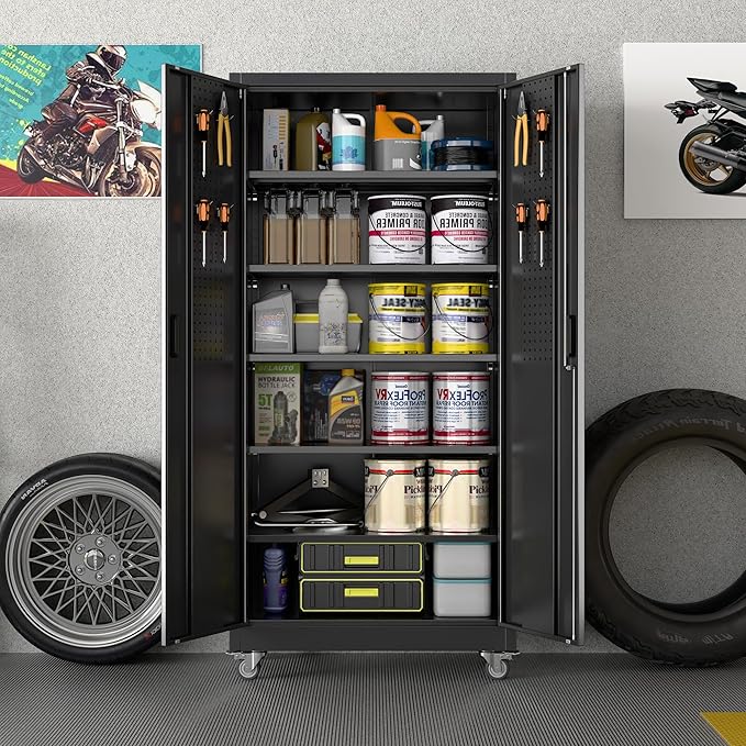 Garage Storage Cabinet with Wheels & Pegboard, 71" H×34" W×18" D Locking Metal Storage Cabinet with 2 Doors and 5 Adjustable Shelves for Garage Workshop Home, Black, Assembly Required