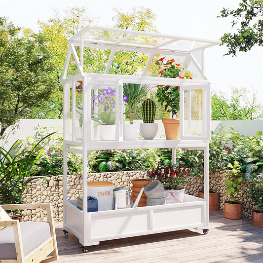 Greenhouse Cold Frames with Wheels - Adjustable Shelves Portable Cold Frame for Balcony/Patio, UV-Resistant Indoor Outdoor Plant Growing Cabinet (Large, Heavy-Duty) (White)
