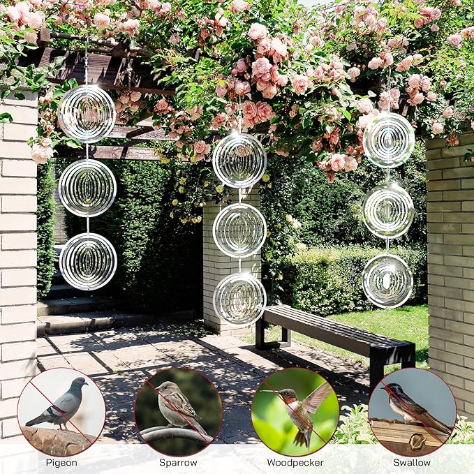 Factee Bird Deterrents for Outside, Reflective 3D Stainless Steel Wind Spinners, Garden Decor, Bird Scare Devices to Keep Woodpeckers, Pigeons Away from Your House, Patio, Orchards1