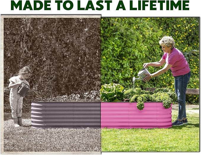 9-in-1 Galvanized Steel Raised Garden Bed // 8×2×1.5 ft Modular Planter for Gardening, Vegetables, Flowers // 18" Tall Metal Raised Garden Beds Outdoor (Pink) // Patented Design Planter Box