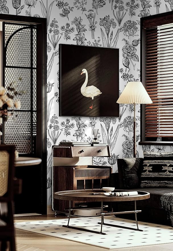 Dimoon 78.7"x17.3" Floral Peel and Stick Wallpaper White Contact Paper Waterproof Black Lines Wallpaper Vintage Flower Thicken Plant Self Adhesive Removable Wall Covering Shelf Liner Decal Vinyl Roll