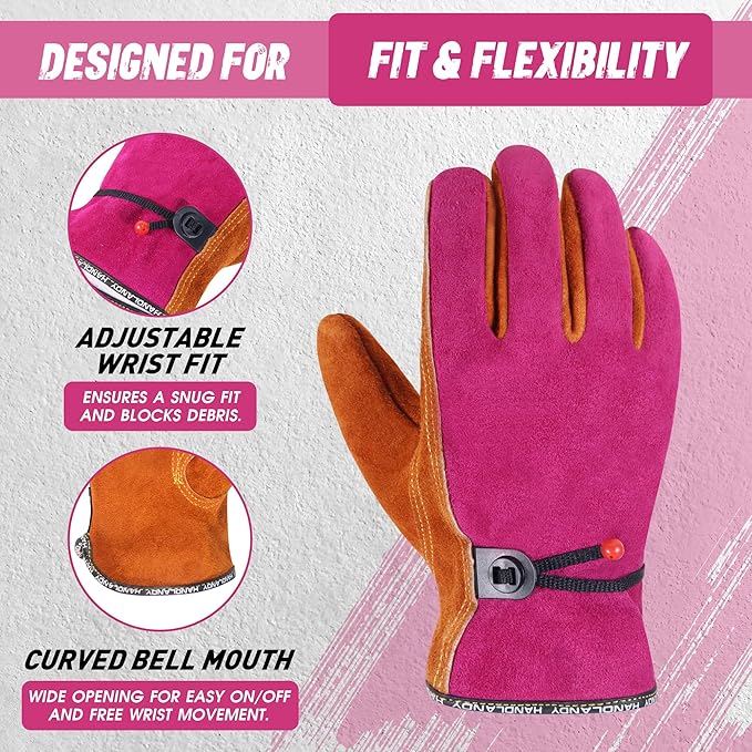 HLDD HANDLANDY Leather Work Gloves for Men & Women, Adjustable Wrist Cowhide Gardening Glove with Reinforced Palm for Driver