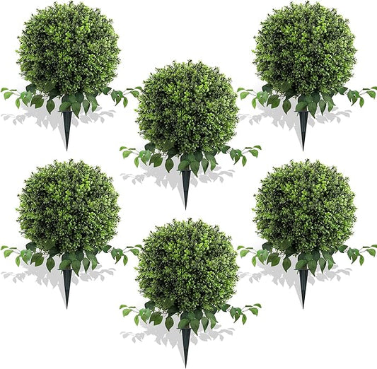 28" Artificial Boxwood Ball Bush, UV Resistant Topiary Tree Faux Boxwood Ball Shaped Porch Bushes with Ground Spike Artificial Bushes for Outdoors Front Door Decor Home Garden (6, Green)