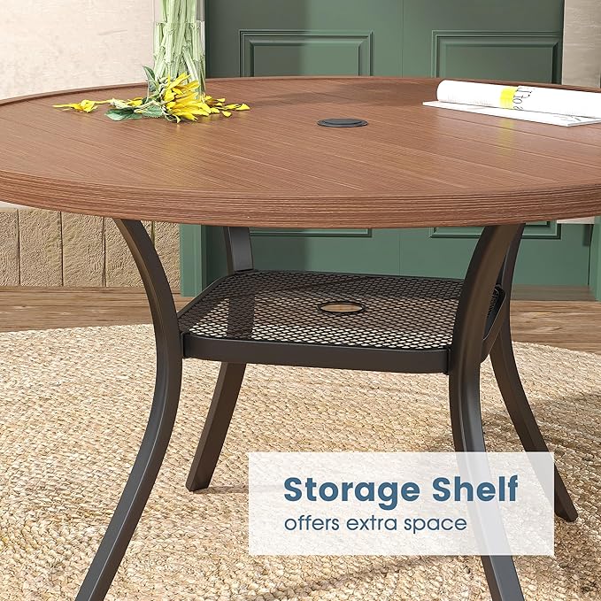 DIFY 48" Round Patio Dining Table for 6, All Weather Round Outdoor Metal Dining Table with 1.57" Umbrella Hole, Perfect for Backyard Lawn Garden, Walnut