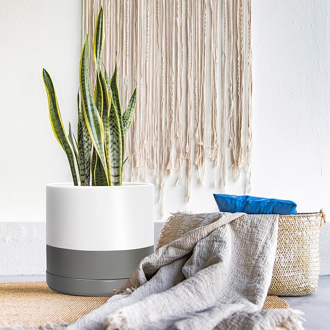 D'vine Dev 14 Inch Ceramic Planter Pot with Drainage Hole and Saucer, Indoor Cylinder Round Planter Pot, White/Speckled Grey, 94-O-G-6